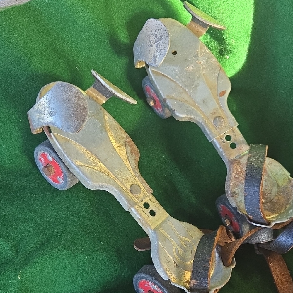 Sears Silver Metal Roller Skate Plates with Red Wheels